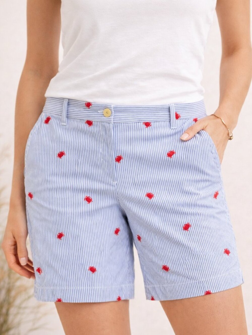 Talbots Crab Embroidered Pinstripe Girlfriend Chino Shorts Nautical Preppy 4
